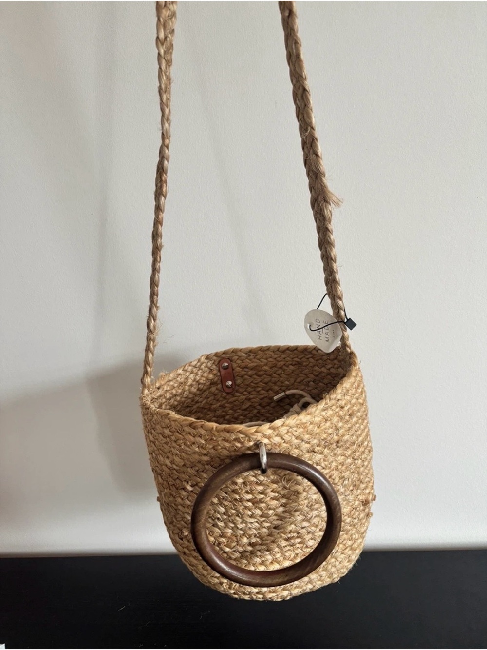 Zara Natural Straw Tote with Dark Wood Ring Handles - Picture 2 of 4